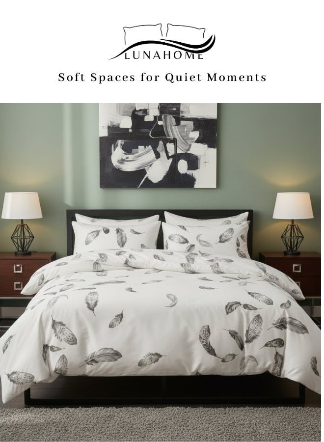 LUNA Home Queen size 6 pieces set: 1 Duvet cover - 200*230cm.; 1 Flat sheet - 230*250cm.; 4 Pillow covers - 50*75cm. Bedding set, white bed linen with black feathers - Image 1